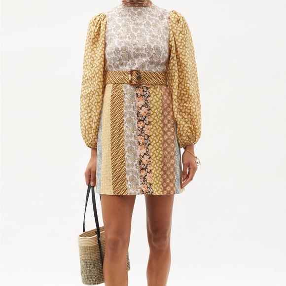 NWT ZIMMERMANN high neck patchwork linen mini belt dress size 1 - Picture 1 of 10